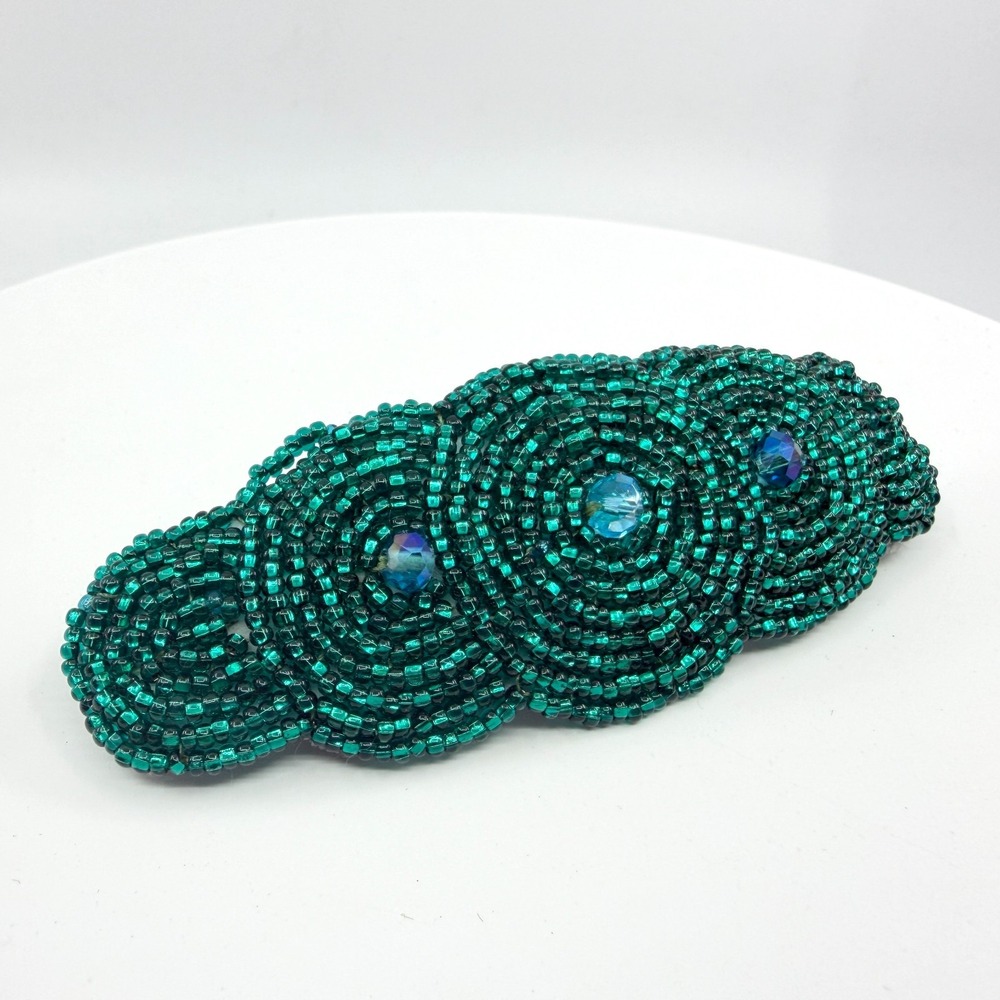 Sparkly Green Beaded Barrette Hair Clip - Boho Festival Accessory